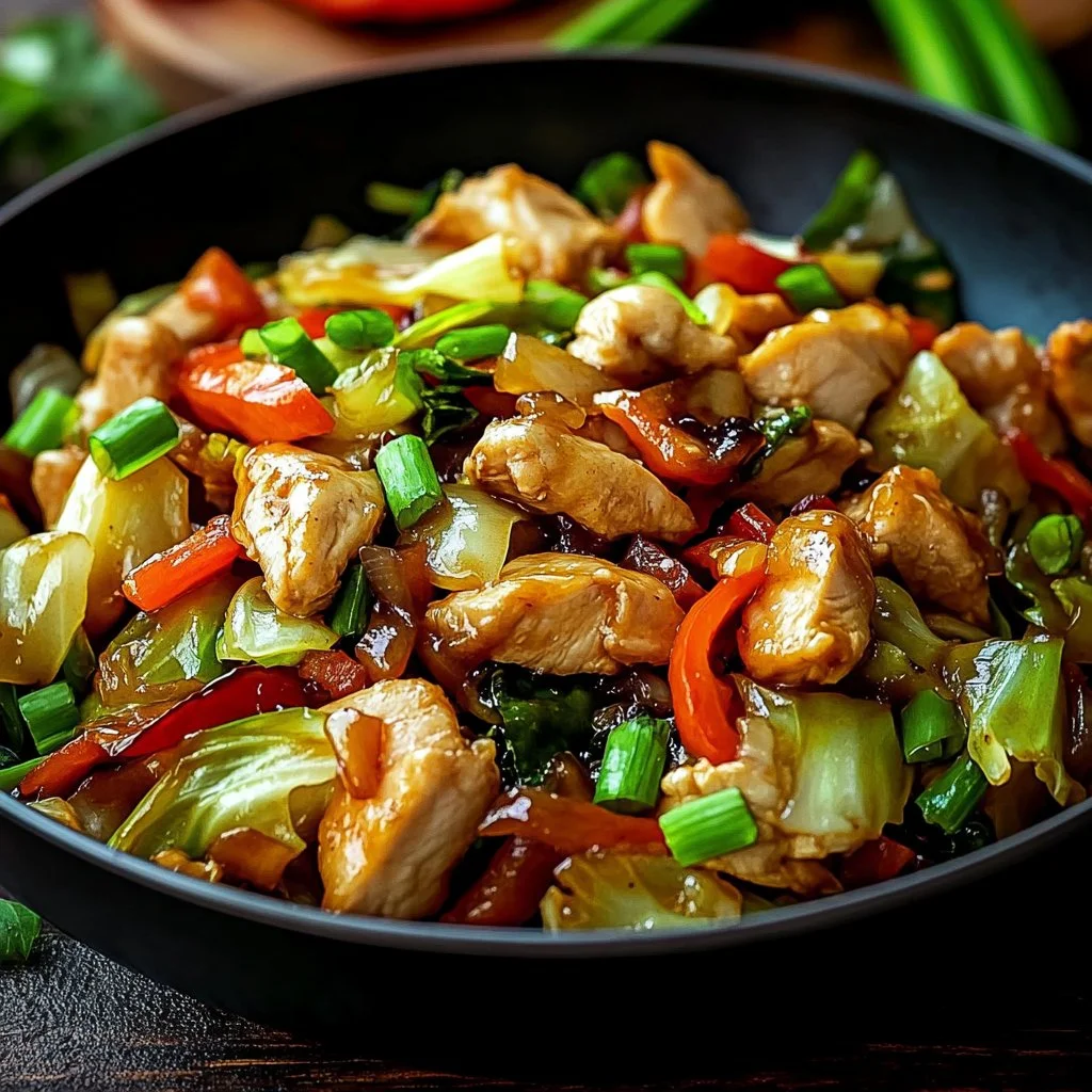 Chinese chicken cabbage stir-fry featuring tender chicken and fresh vegetables