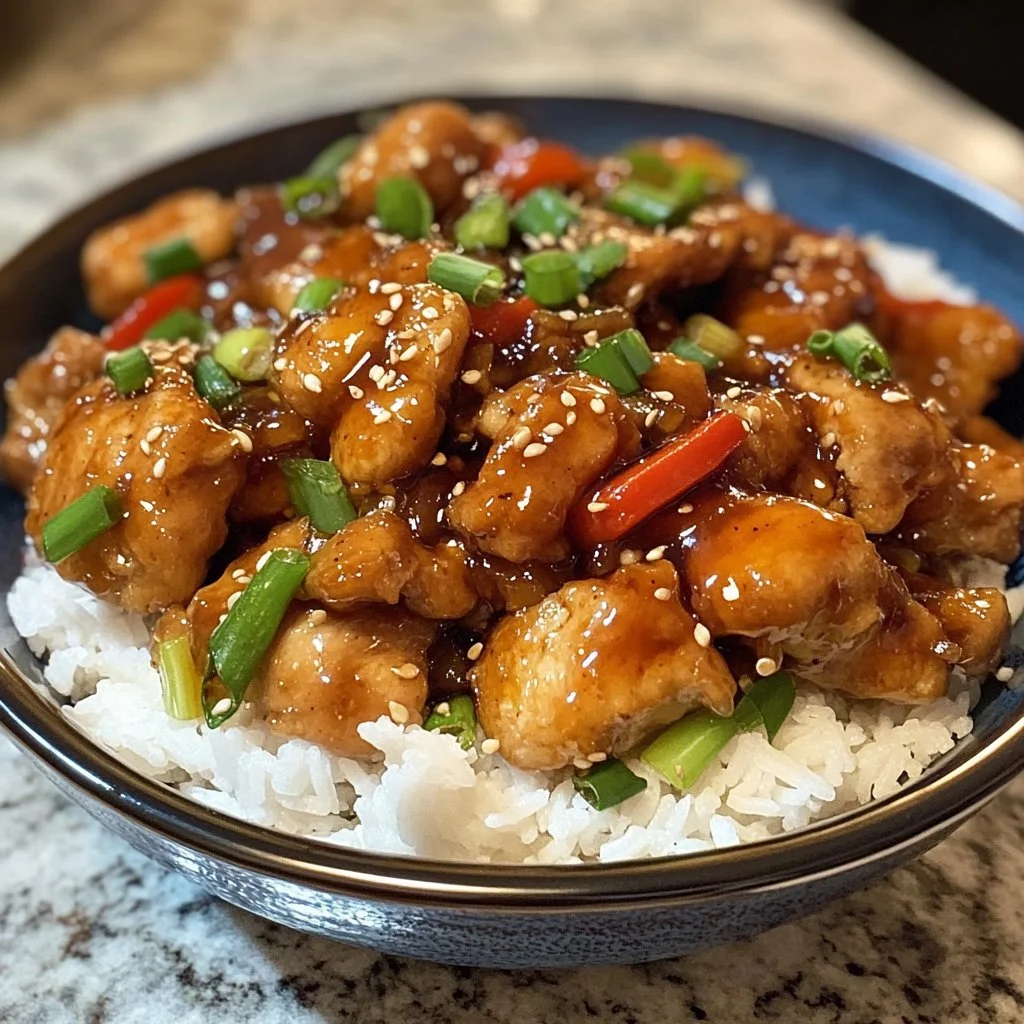 Delicious plate of Chinese Honey Chicken garnished with sesame seeds and green onions