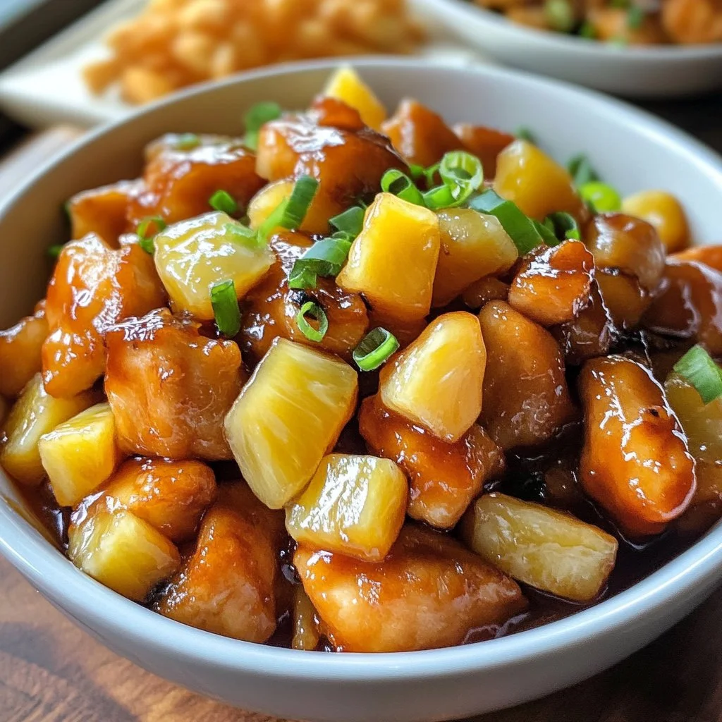 Plate of Chinese Pineapple Chicken garnished with fresh vegetables