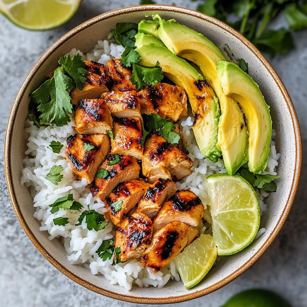 Coconut Chicken Rice Bowl served in a bowl with fresh herbs and vegetables