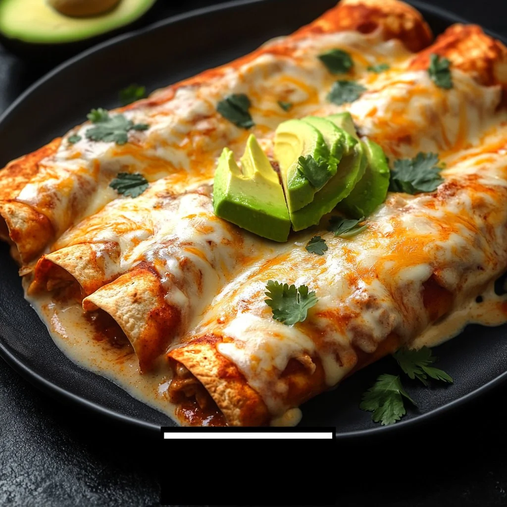 Delicious creamy chicken enchiladas with melted cheese and fresh toppings