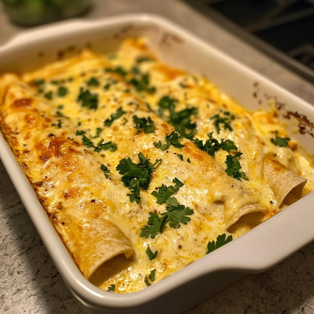 Creamy chicken enchiladas with sour cream white sauce on a plate