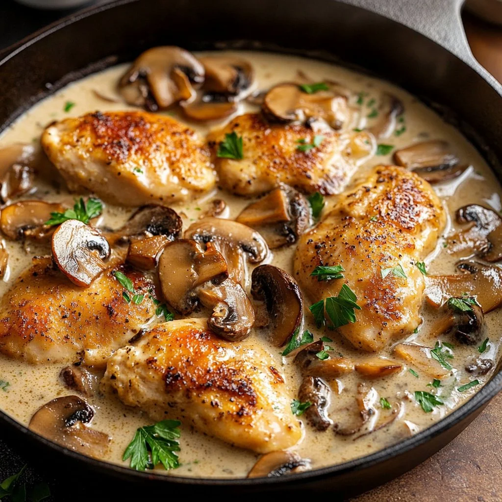 Creamy mushroom chicken on a plate garnished with herbs