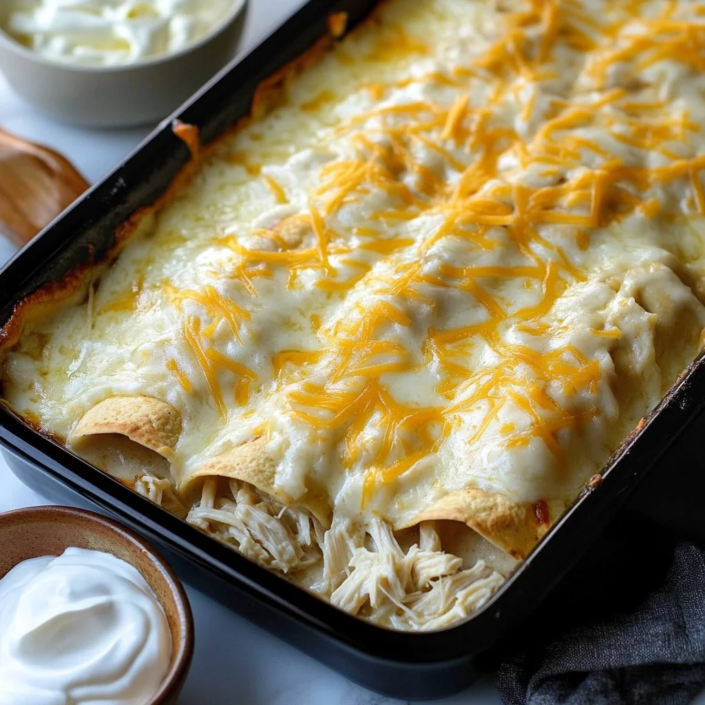 Creamy white chicken enchiladas topped with cheese and served on a plate