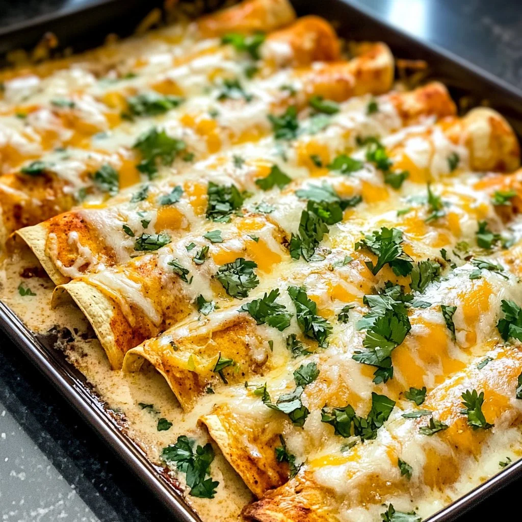 Creamy white sauce chicken enchiladas served on a plate with garnish.
