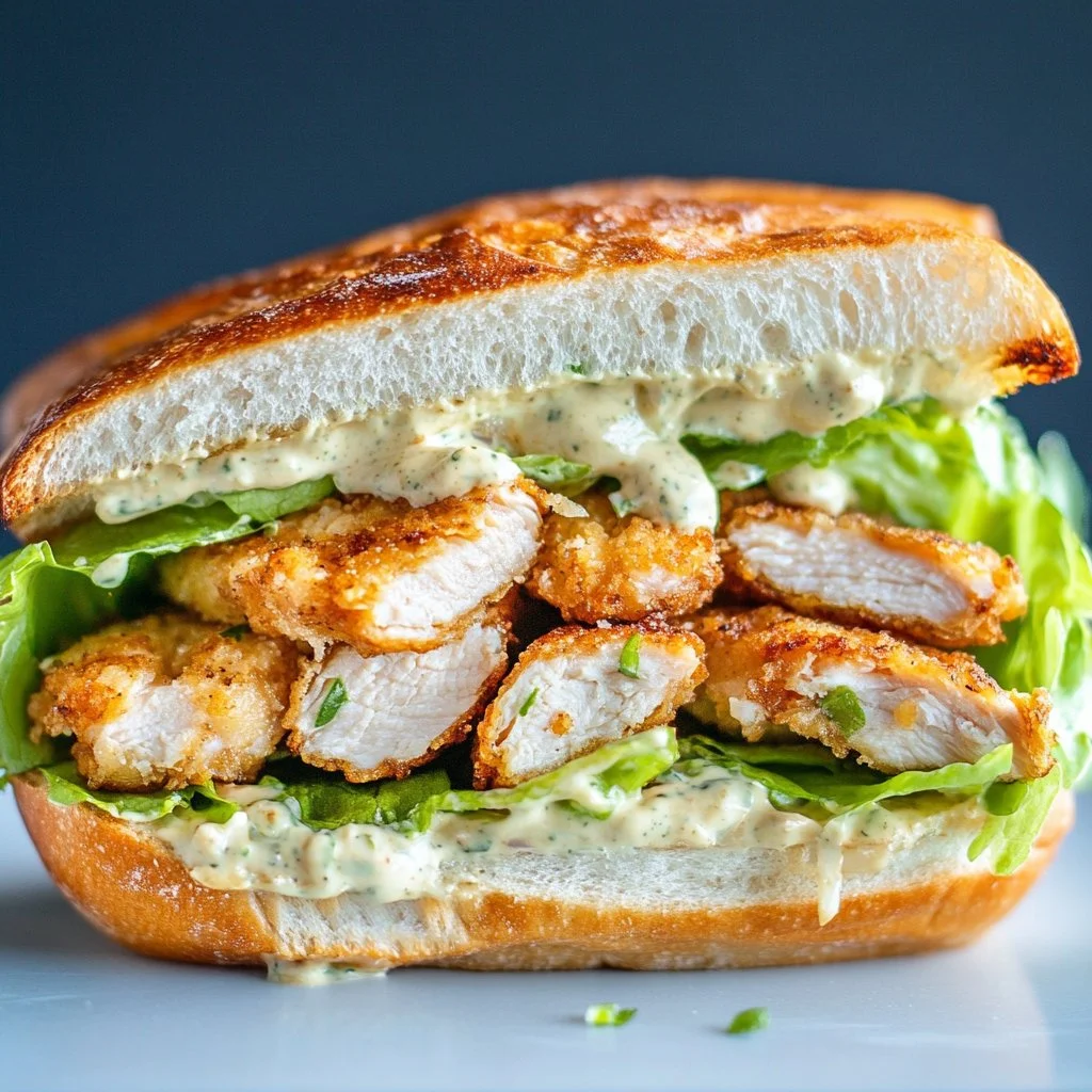 Crispy Chicken Caesar Sandwich with lettuce, parmesan, and Caesar dressing on a toasted bun