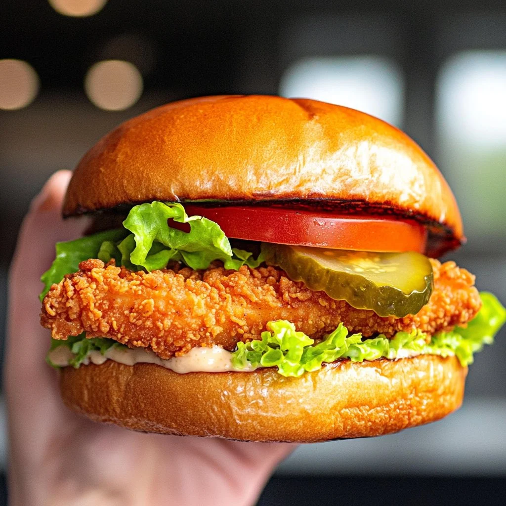 Delicious crispy chicken sandwich with fresh toppings and golden breading