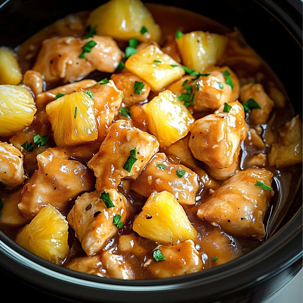 Crockpot Hawaiian Chicken dish with pineapple and bell peppers