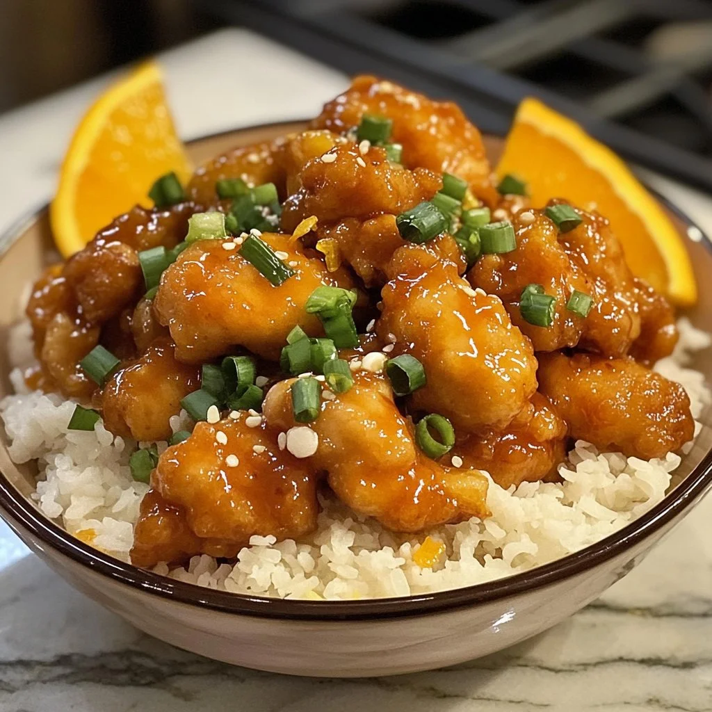 Delicious Crockpot Orange Chicken served with rice and vegetables
