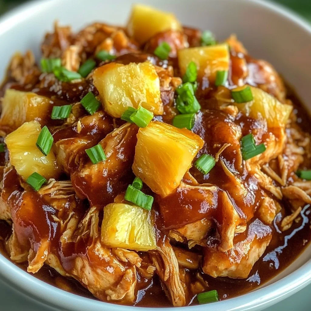Crockpot Pineapple BBQ Chicken served on a plate with garnish