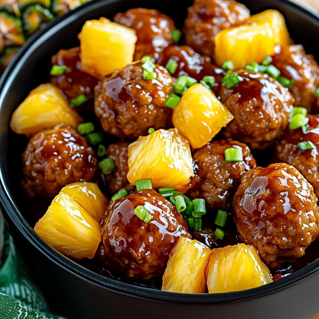 Crockpot Pineapple Teriyaki Meatballs served on a plate