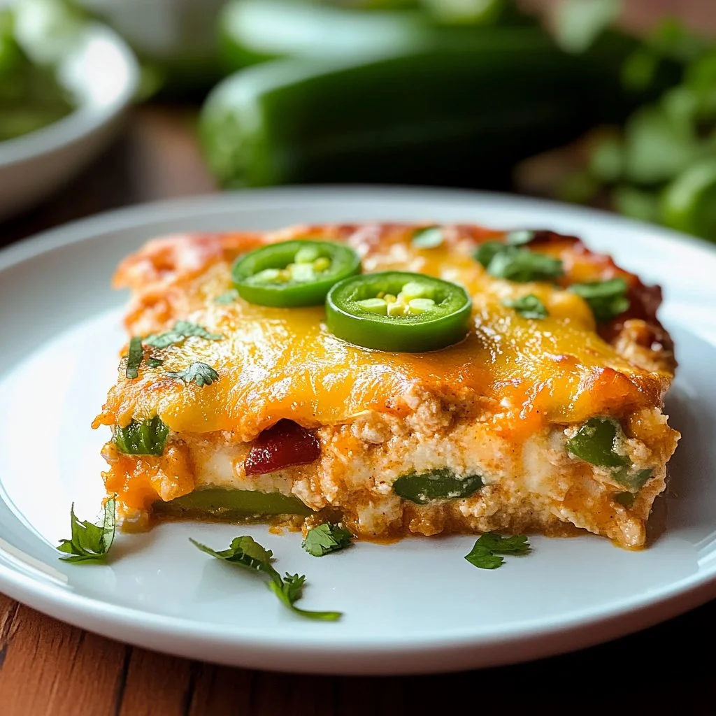 Delicious chili relleno casserole topped with cheese and chili peppers