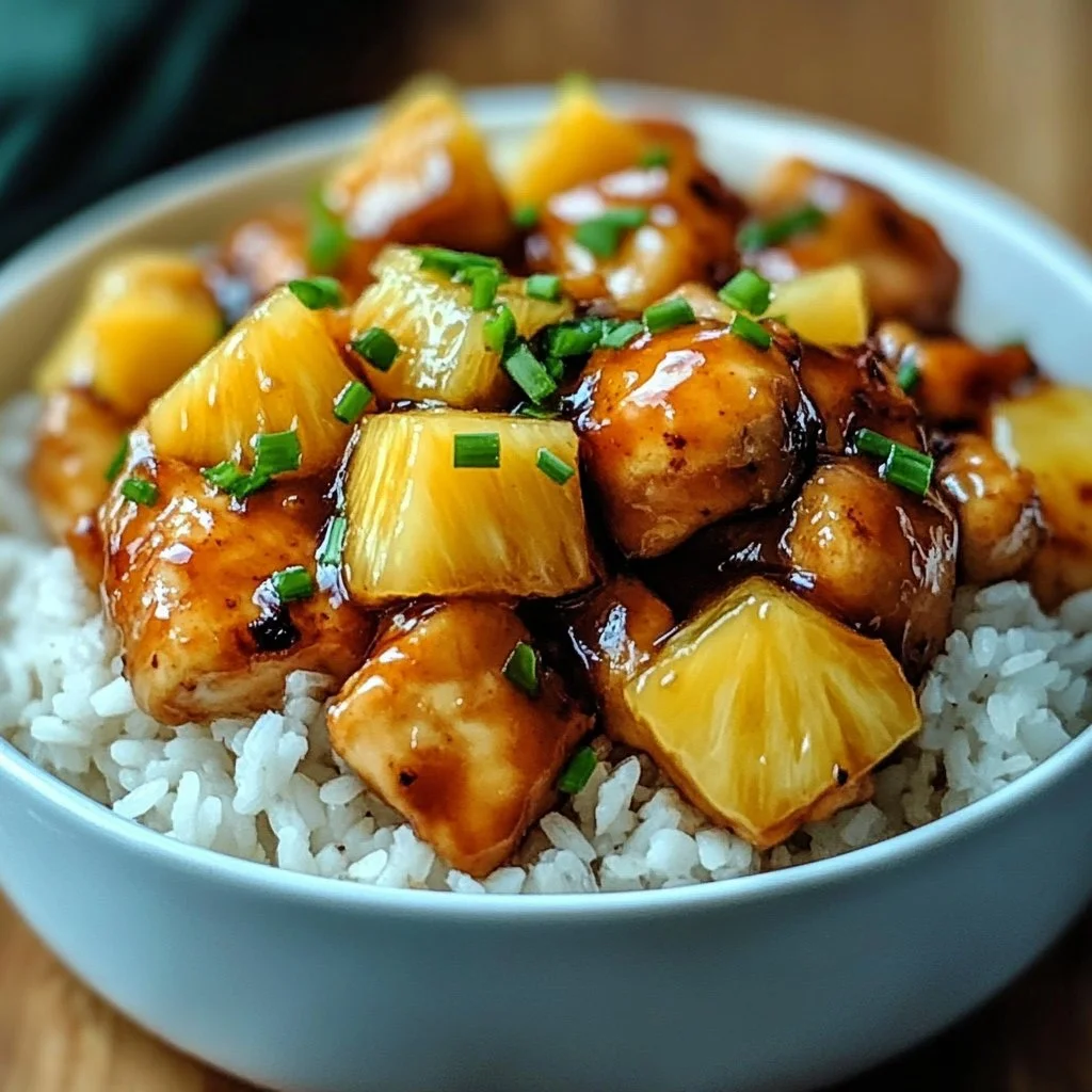 Delicious easy pineapple chicken served with rice on a plate.