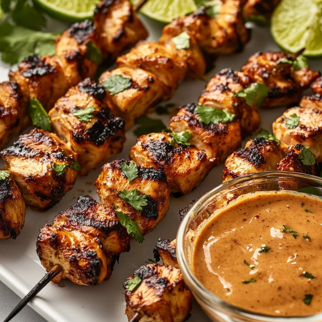 Plate of Easy Thai Chicken Satay served with peanut sauce