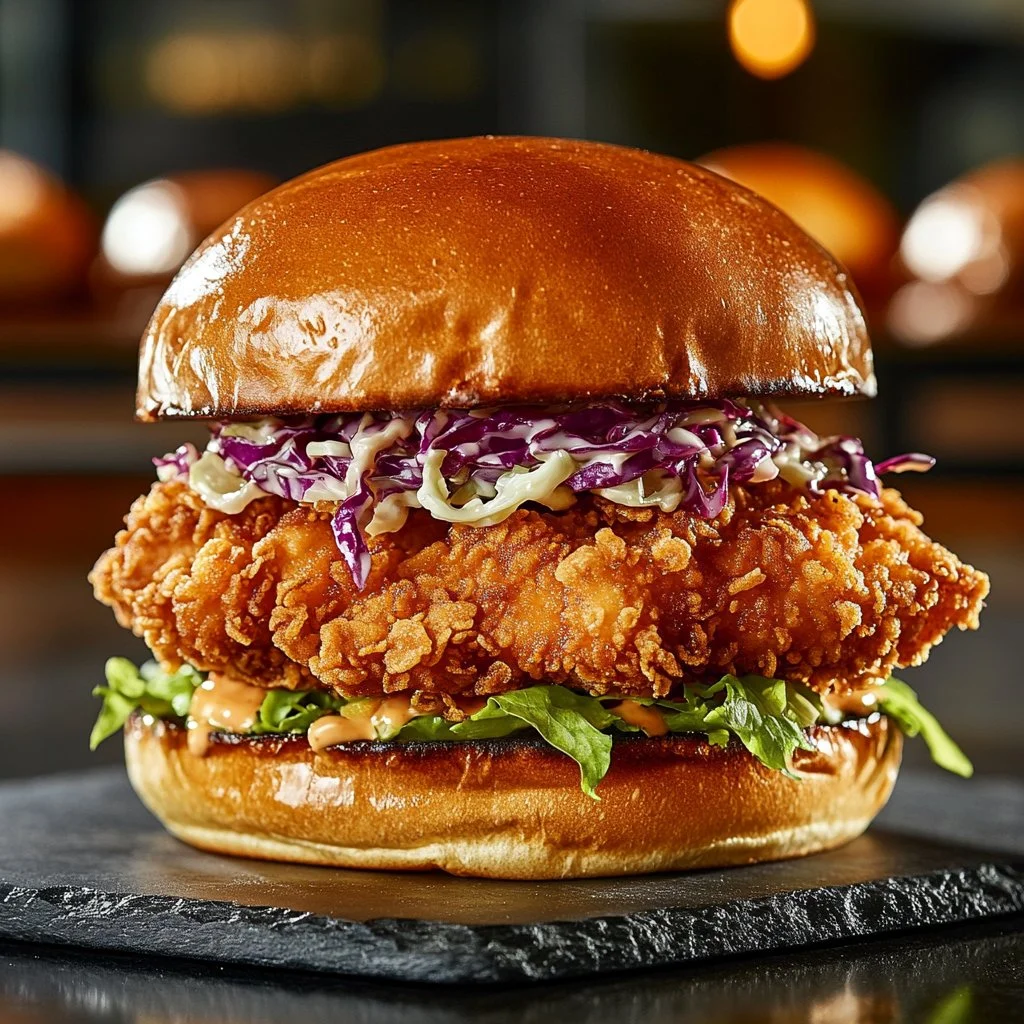 Delicious fried chicken burger with crispy coating and fresh toppings