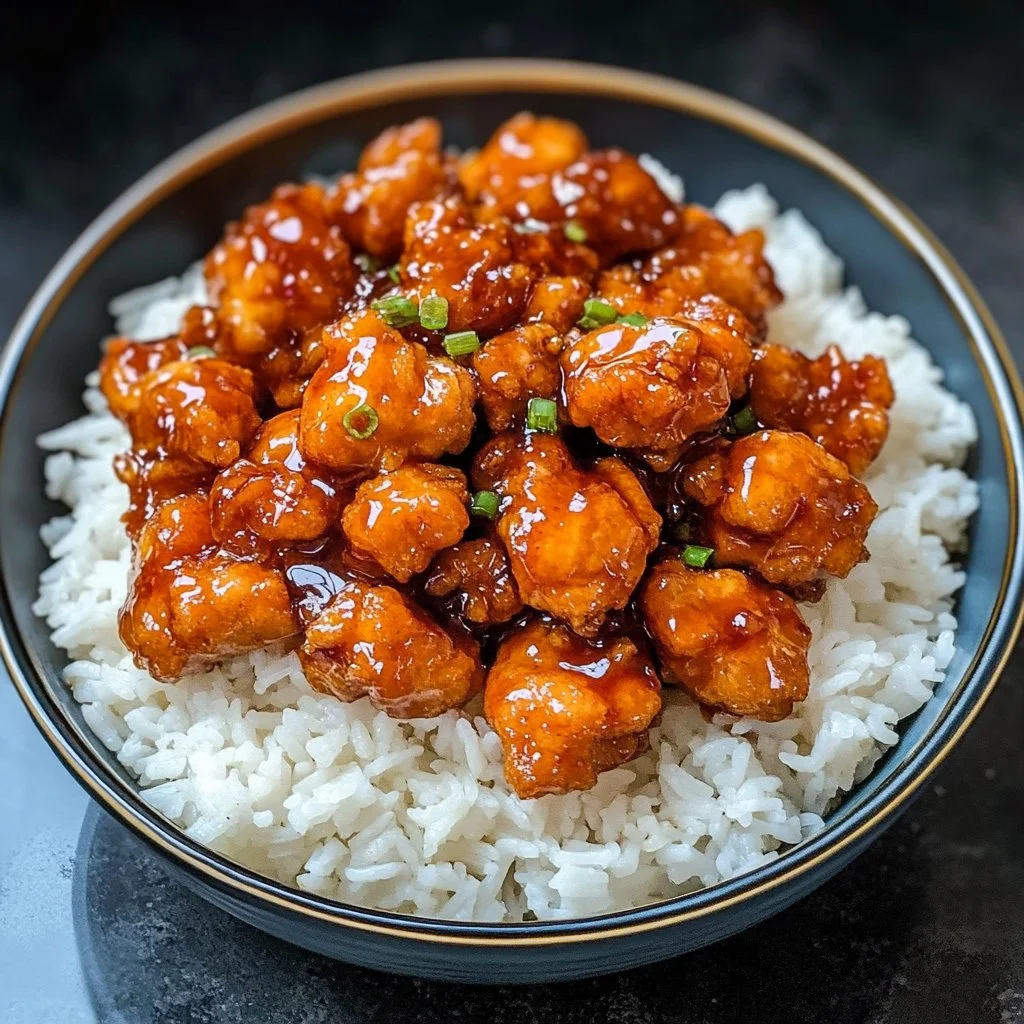 Delicious homemade General Tso's Chicken served with rice and vegetables.