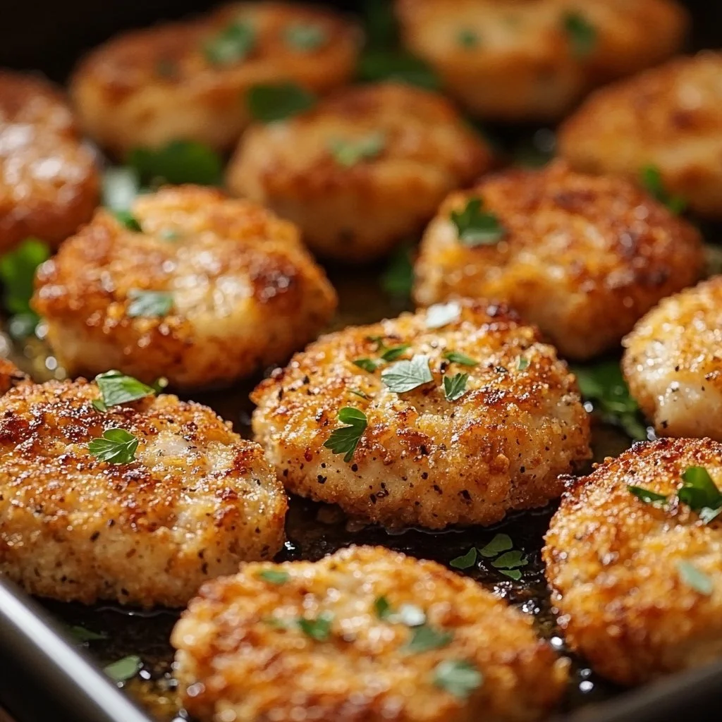 Golden baked chicken rissoles on a serving plate
