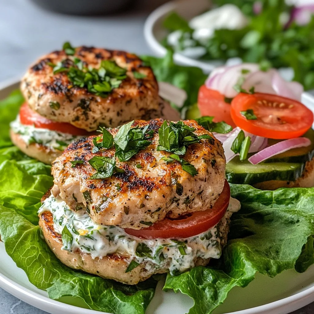 Delicious Greek Chicken Burgers with fresh toppings and herbs.