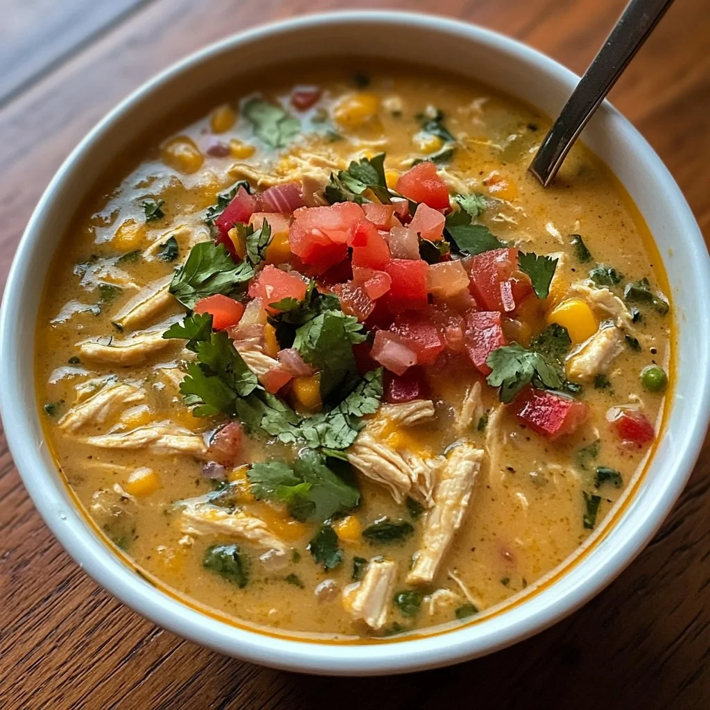 Green Chicken Enchilada Soup topped with cheese and cilantro