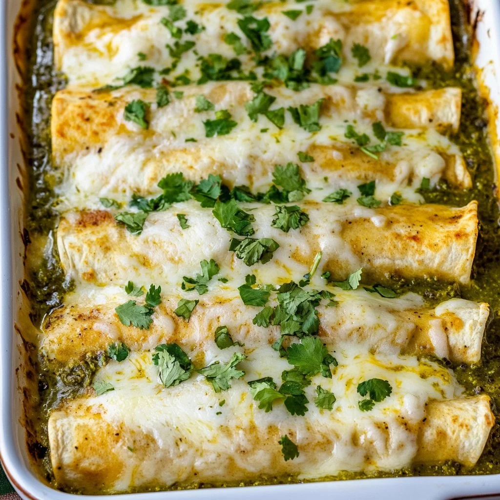 Green Chile Chicken Enchiladas served on a plate with toppings