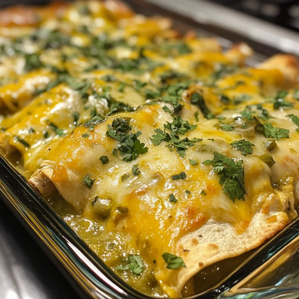 Green Chili Chicken Enchiladas served with toppings