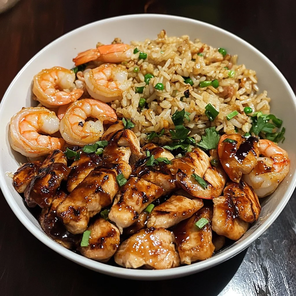Grilled chicken and shrimp served with fried rice and drizzled teriyaki sauce