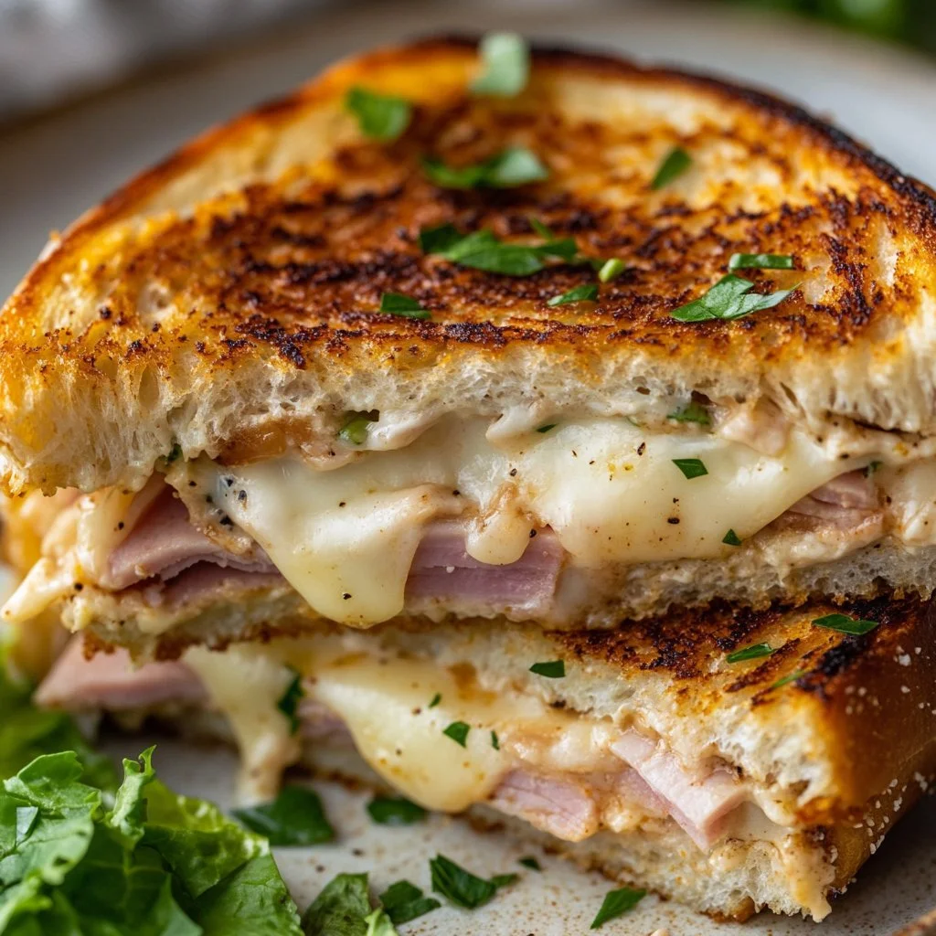 Grilled Chicken Cordon Bleu Sandwich topped with melted cheese and crispy ham