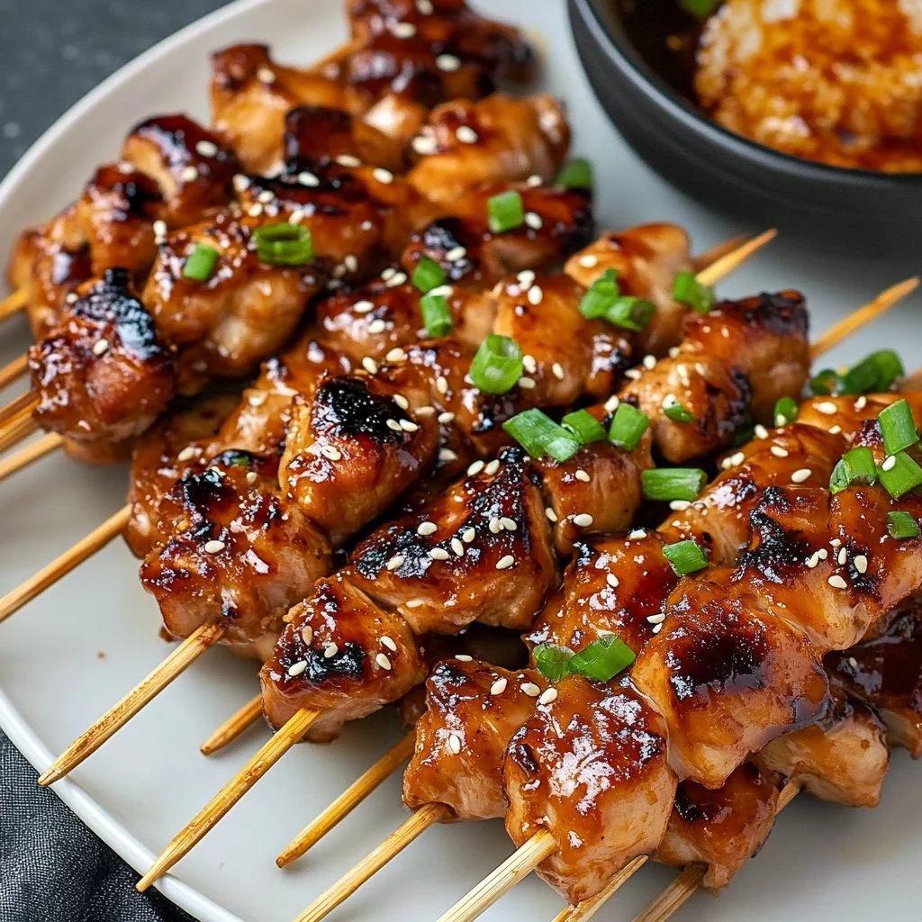 Grilled chicken yakitori skewers with teriyaki sauce on a plate