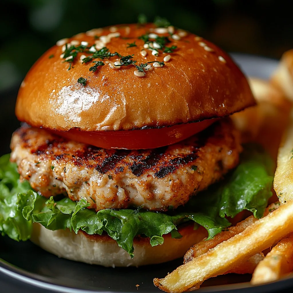 Delicious grilled ground chicken burgers served on a rustic wooden table