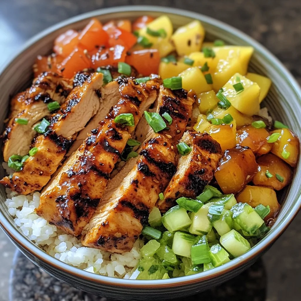 Delicious grilled Hawaiian Chicken Teriyaki bowls with fresh ingredients