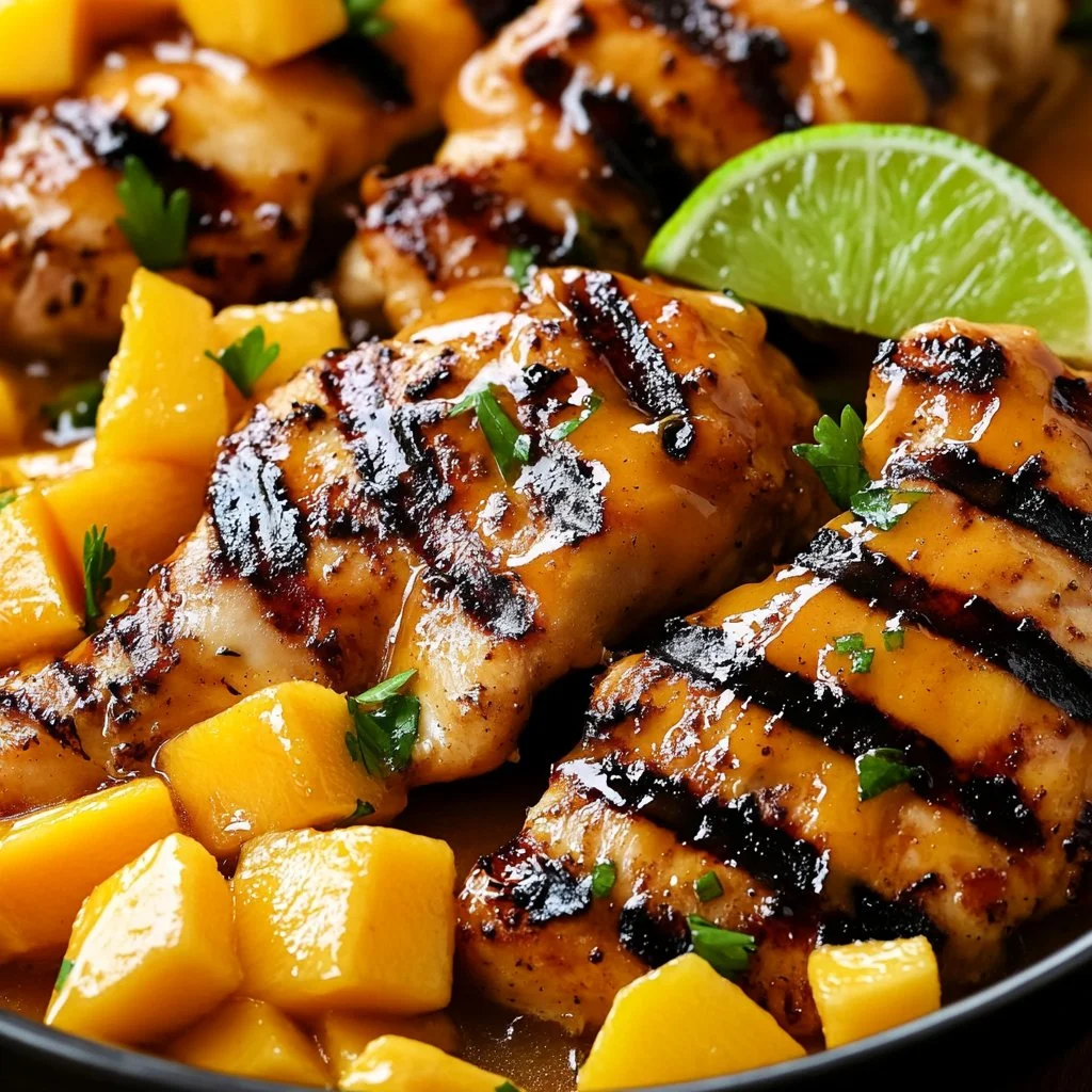 Grilled mango chicken served with fresh herbs and vibrant side vegetables.