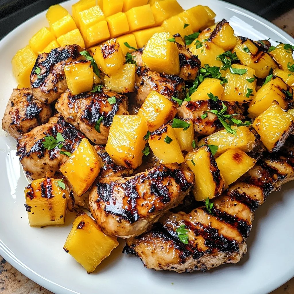 Grilled Mango Pineapple Chicken served on a plate garnished with fresh herbs