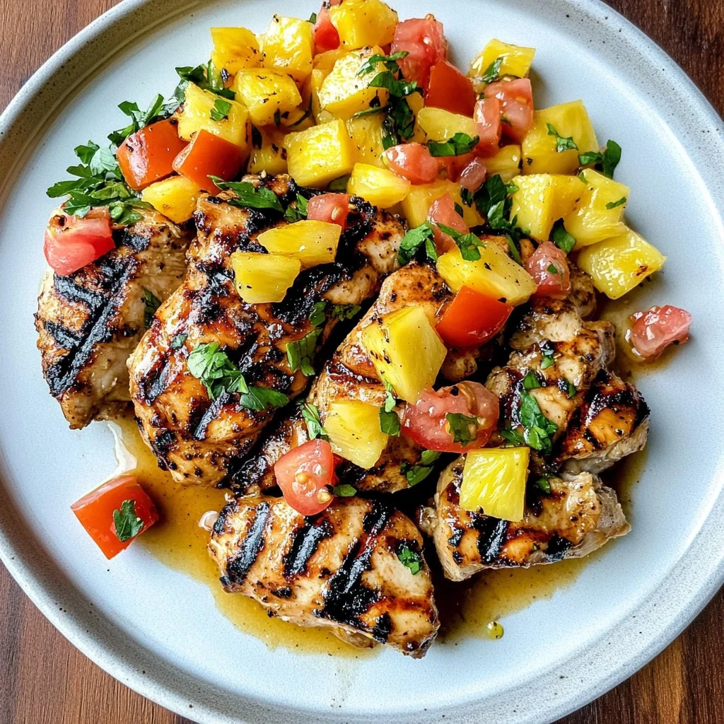 Grilled Mango Pineapple Chicken with vibrant fruits and herbs on a plate