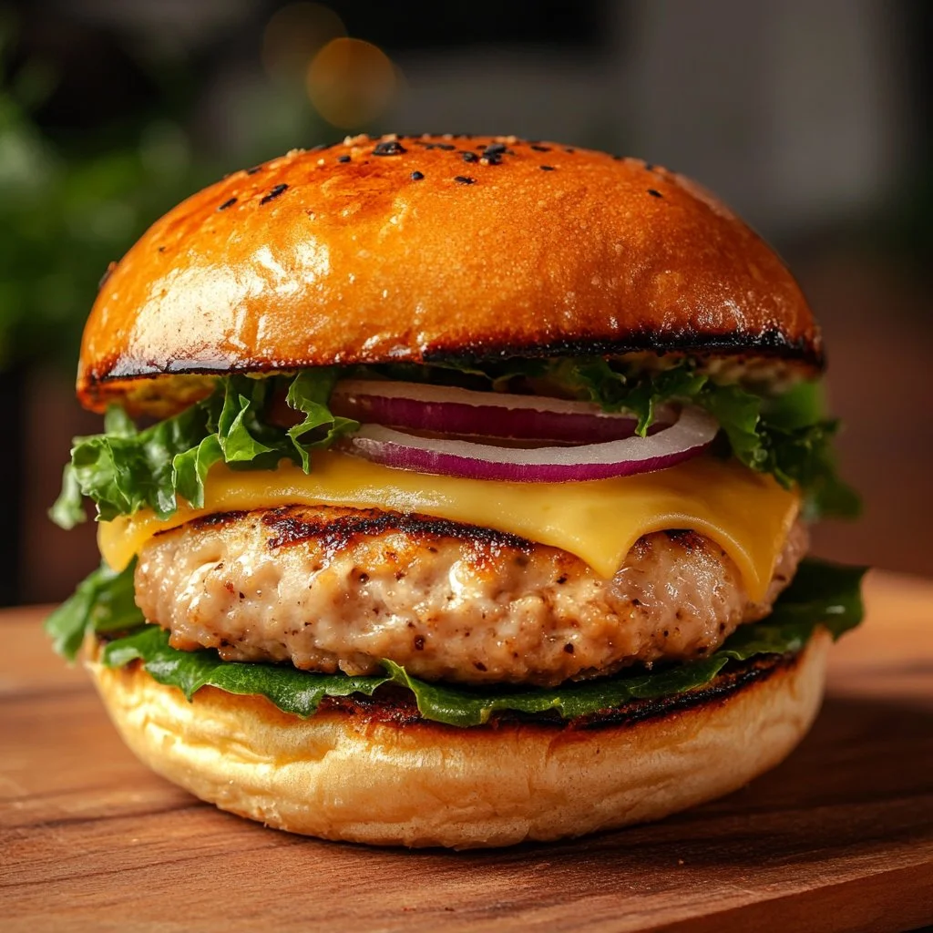 Delicious ground chicken burgers served with fresh toppings and sides