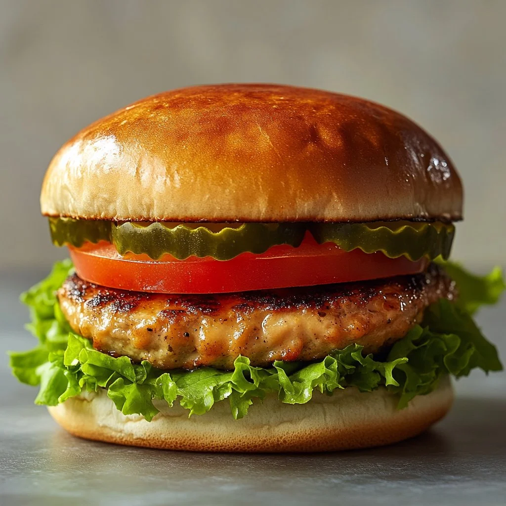 Homemade ground chicken burgers on a grill with fresh toppings