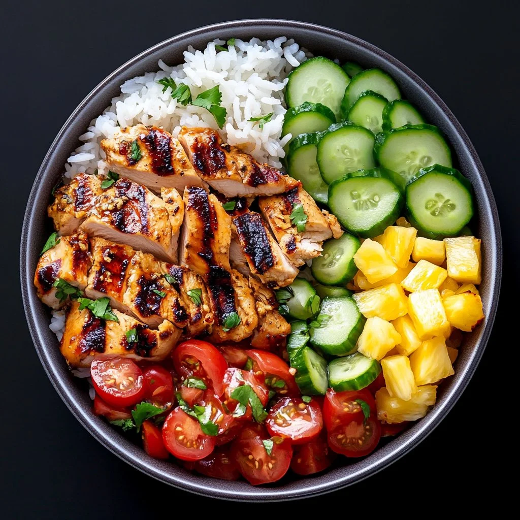 A colorful Hawaiian Chicken Bowl topped with fresh vegetables and served in a bowl.