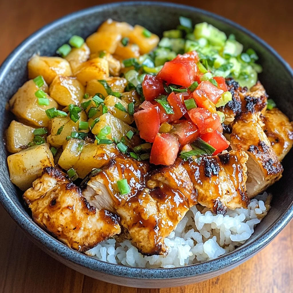 Delicious Hawaiian Chicken Bowl with grilled chicken, veggies, and tropical flavors