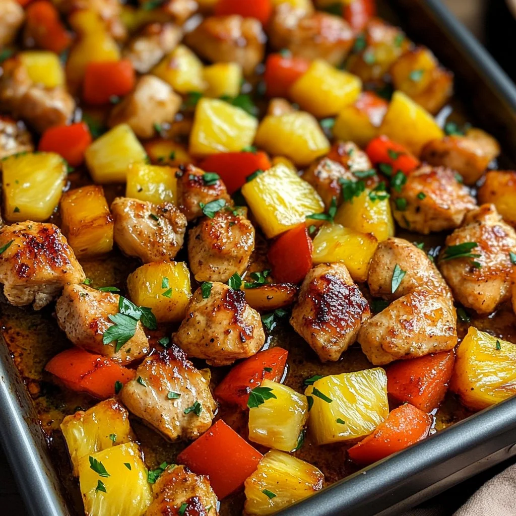 Hawaiian Chicken Sheet Pan Dinner with colorful vegetables on a baking tray
