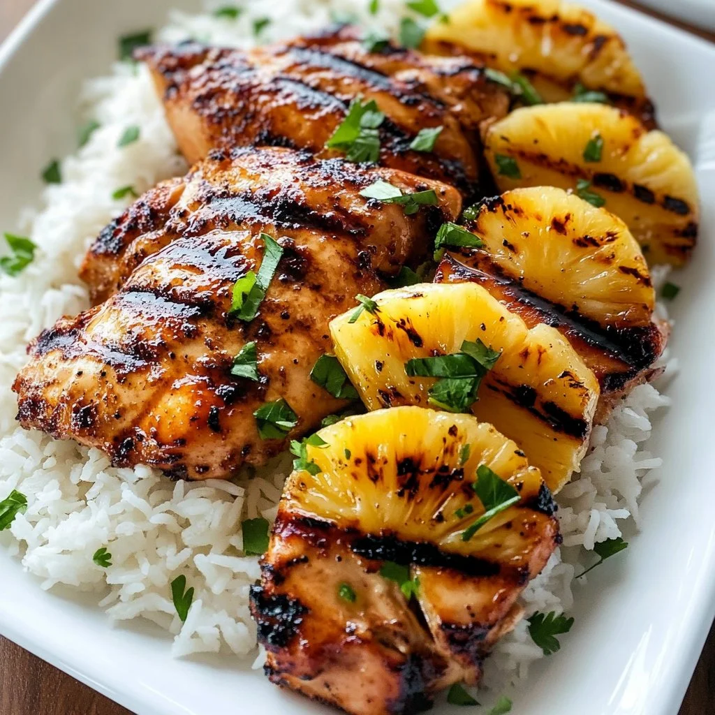 Hawaiian Chicken with pineapple and coconut rice beautifully arranged on a plate.