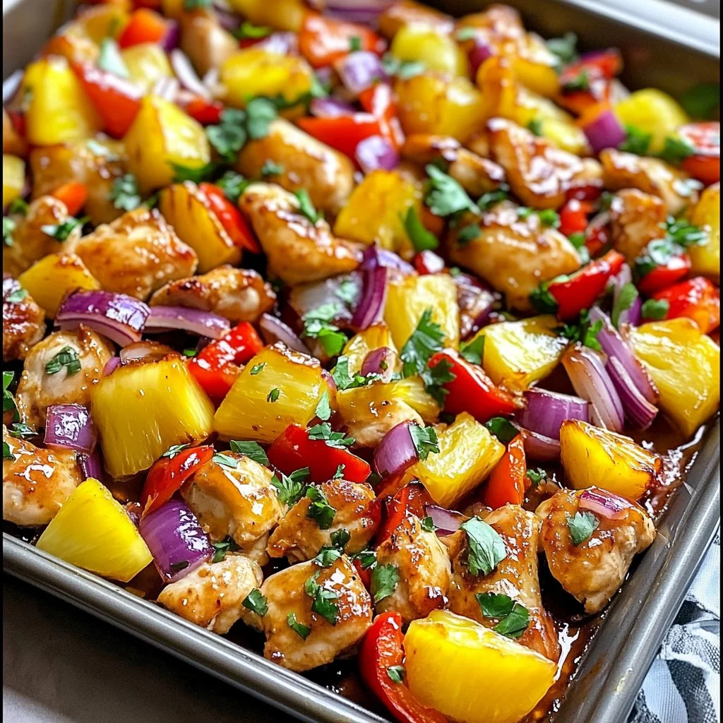 Delicious Hawaiian Pineapple Chicken Sheet Pan Dinner ready to serve with colorful vegetables.