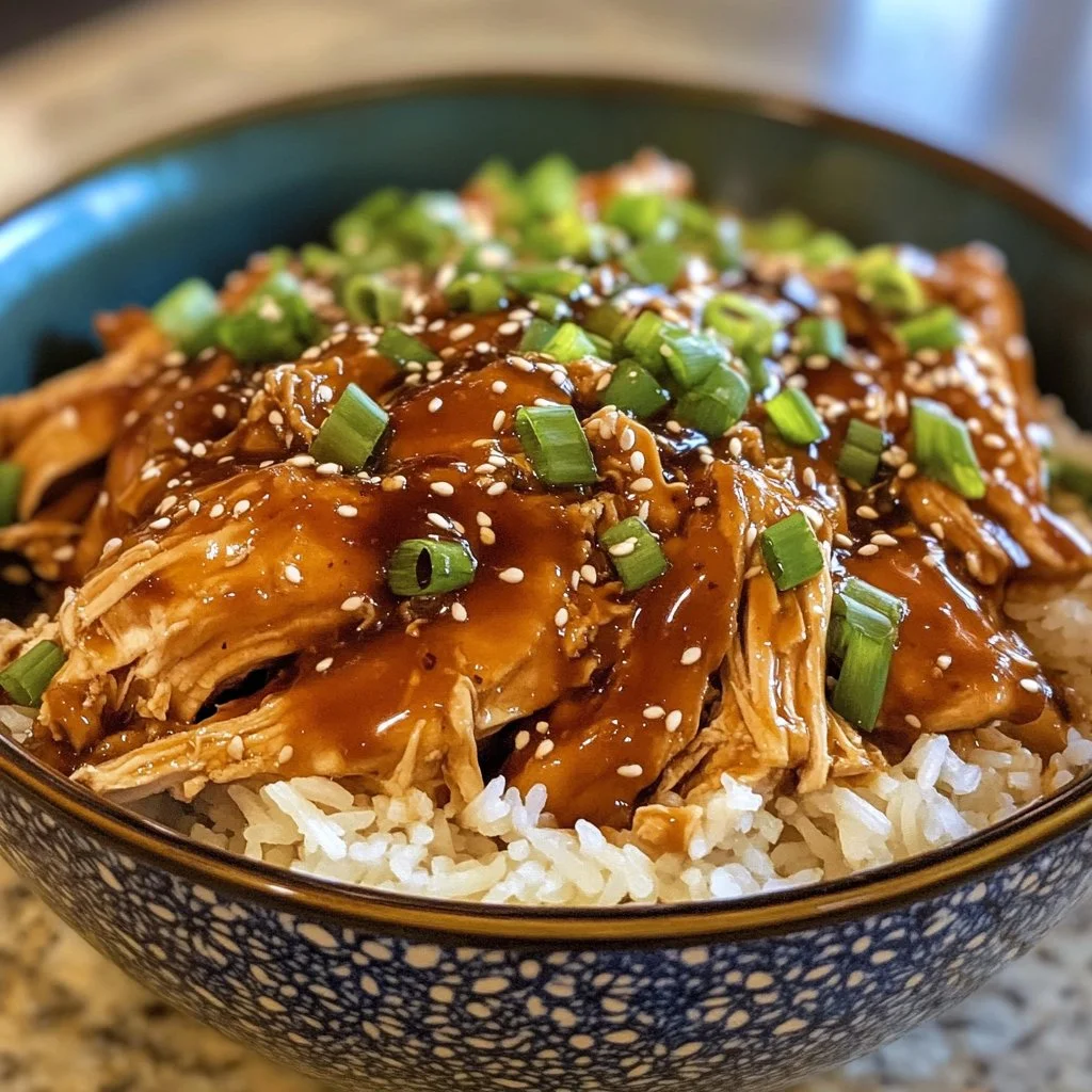 Hawaiian Teriyaki Chicken cooked in a crockpot with vibrant toppings