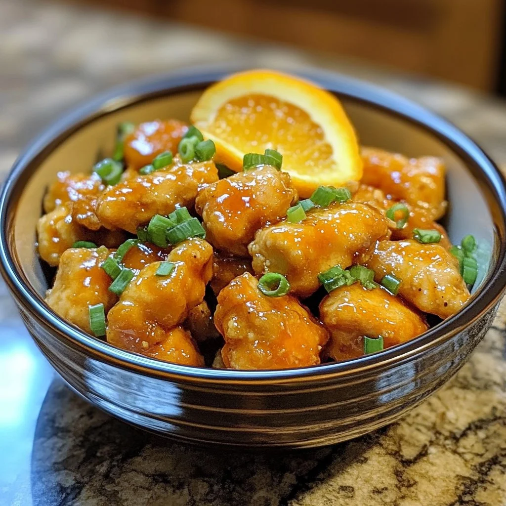 Healthy Orange Chicken dish served with steamed vegetables and rice