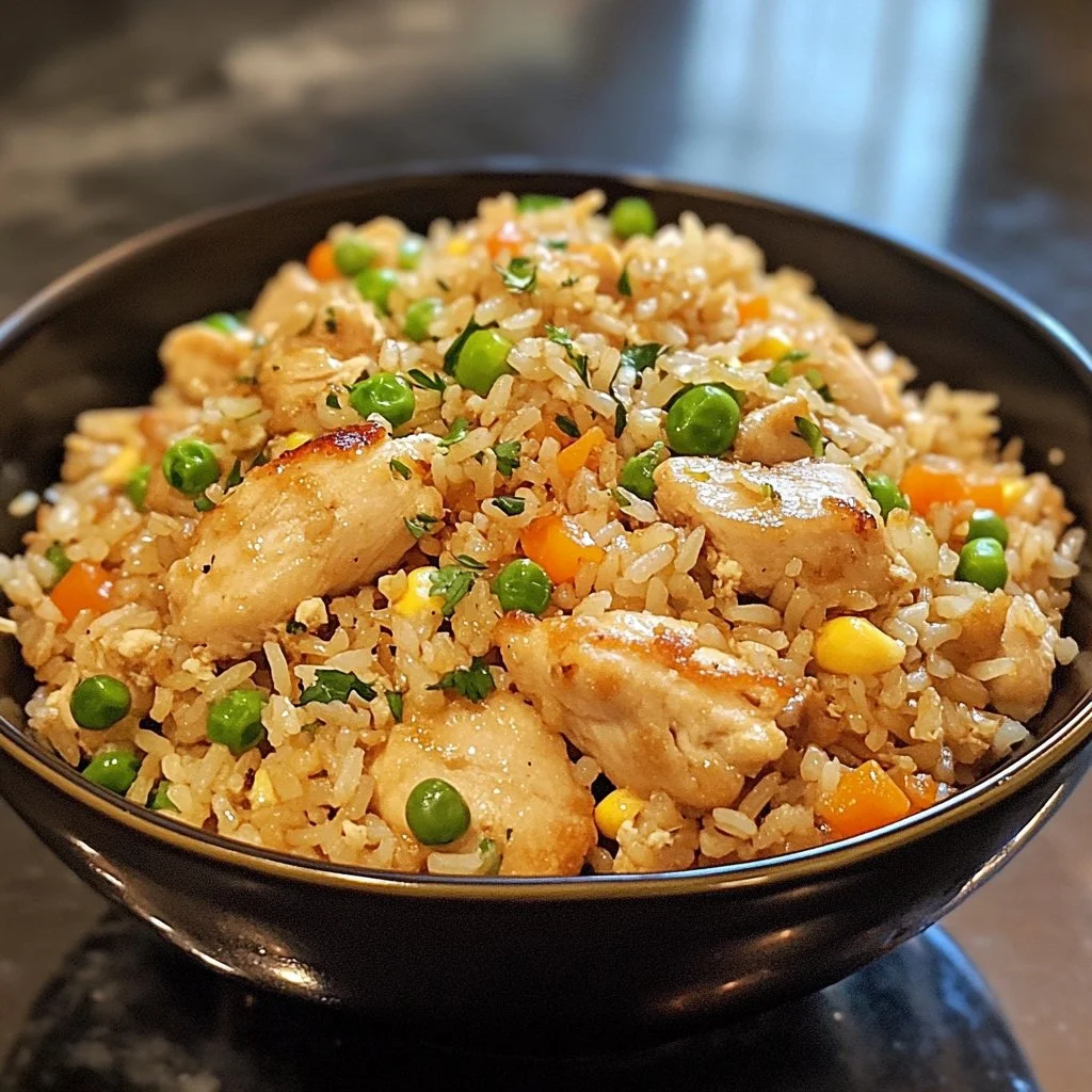 Delicious plate of Hibachi Chicken Fried Rice with colorful vegetables and spices