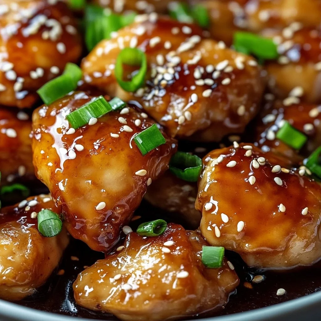 Plate of Honey Garlic Chicken garnished with green onions and sesame seeds