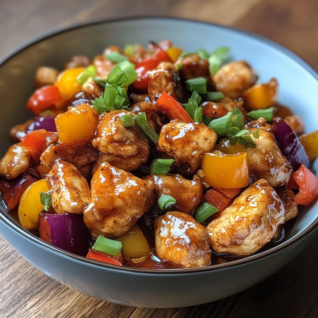 Plate of honey garlic chicken with colorful bell peppers