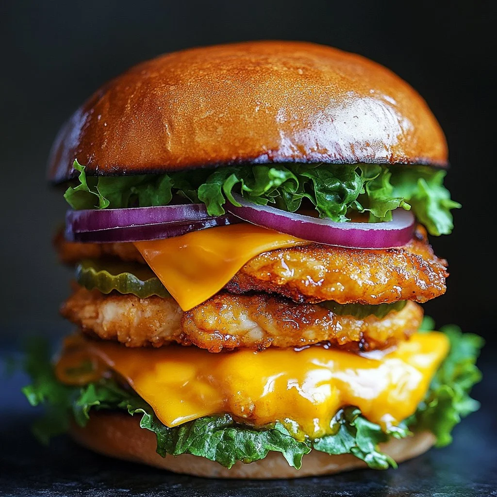 Honey Mustard Chicken Burger Deluxe with fresh toppings and a crispy bun