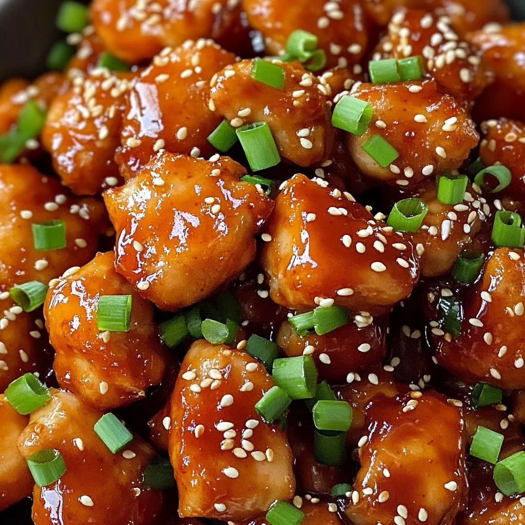 A plate of Honey Sesame Chicken garnished with sesame seeds and green onions.