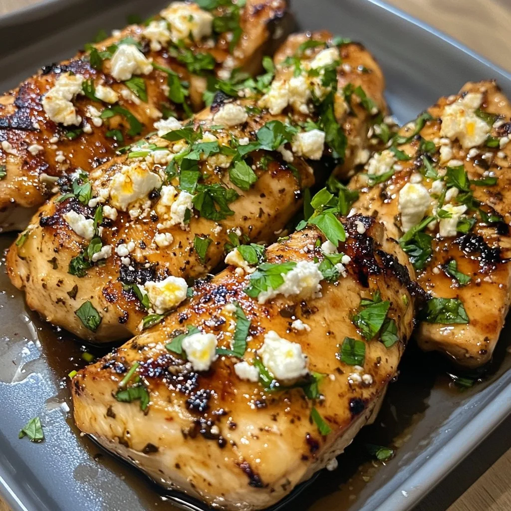 Hot Honey Feta Chicken garnished with herbs on a plate