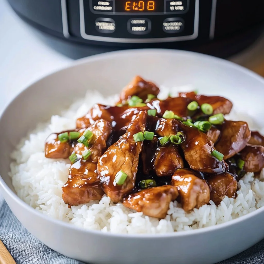 Instant Pot honey teriyaki chicken garnished with sesame seeds and green onions.