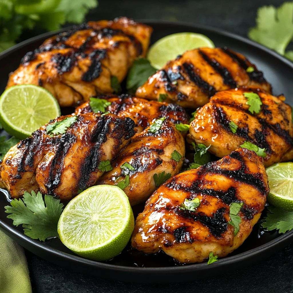 Grilled spicy honey lime chicken garnished with fresh herbs